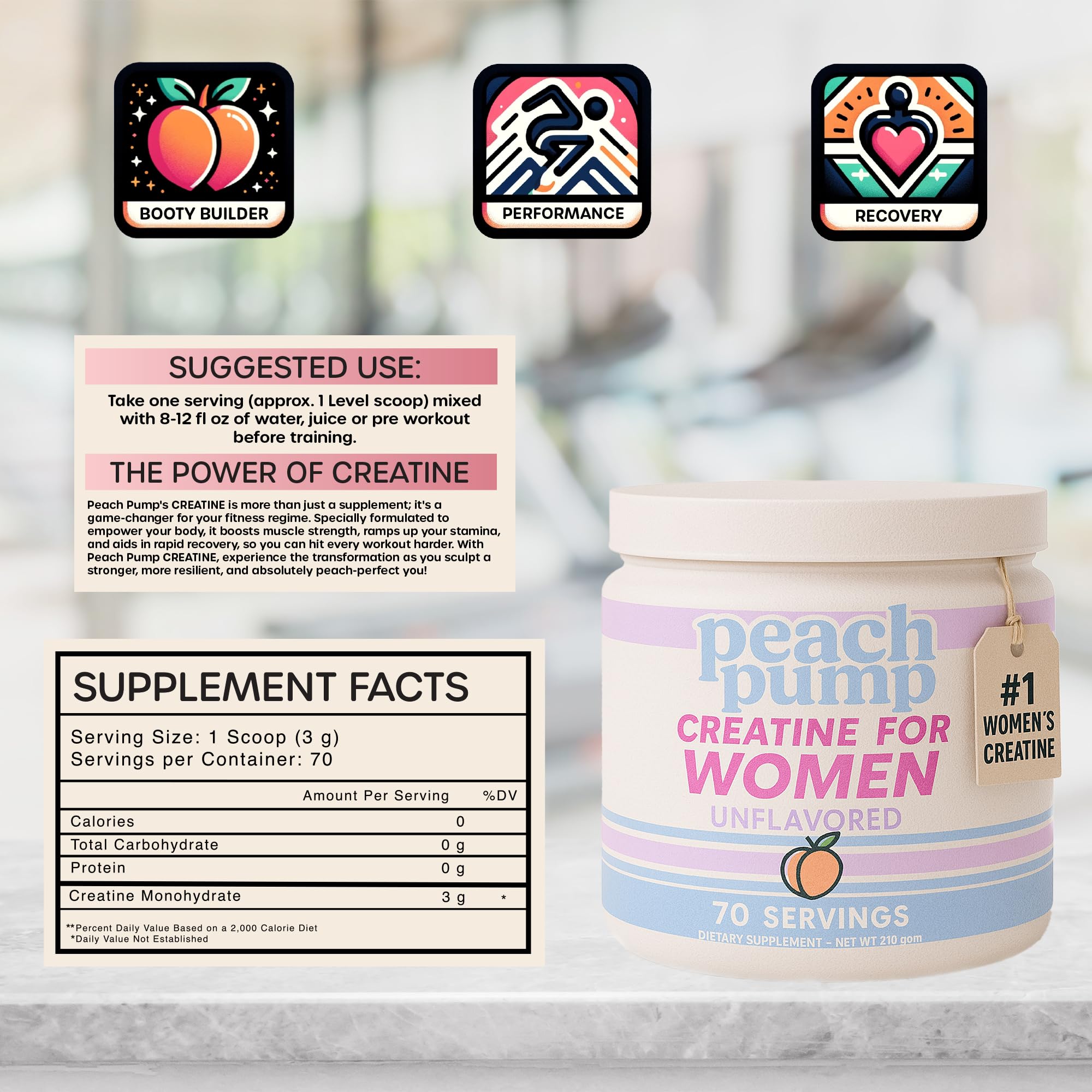 Peach Pump Creatine container shows 70 servings label.