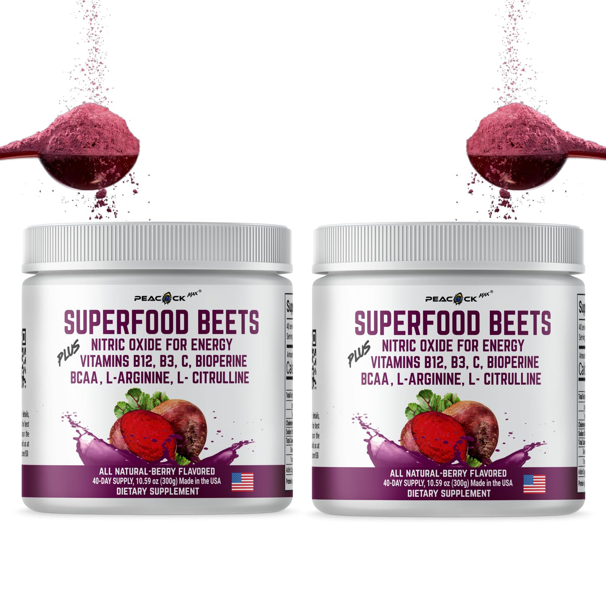 Peacock Max beet powder front label shows organic beetroot and berry flavor.