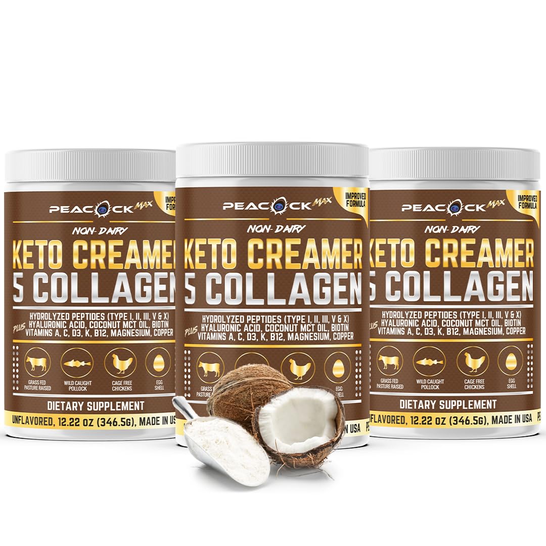 Peacock Max Collagen Keto Creamer bottle pour adds creamy texture to coffee.