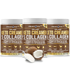 Peacock Max Collagen Keto Creamer bottle pour adds creamy texture to coffee.
