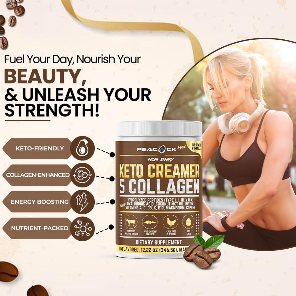 Peacock Max Collagen Keto Creamer powder blends smoothly into hot or cold drinks.