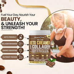 Peacock Max Collagen Keto Creamer powder blends smoothly into hot or cold drinks.