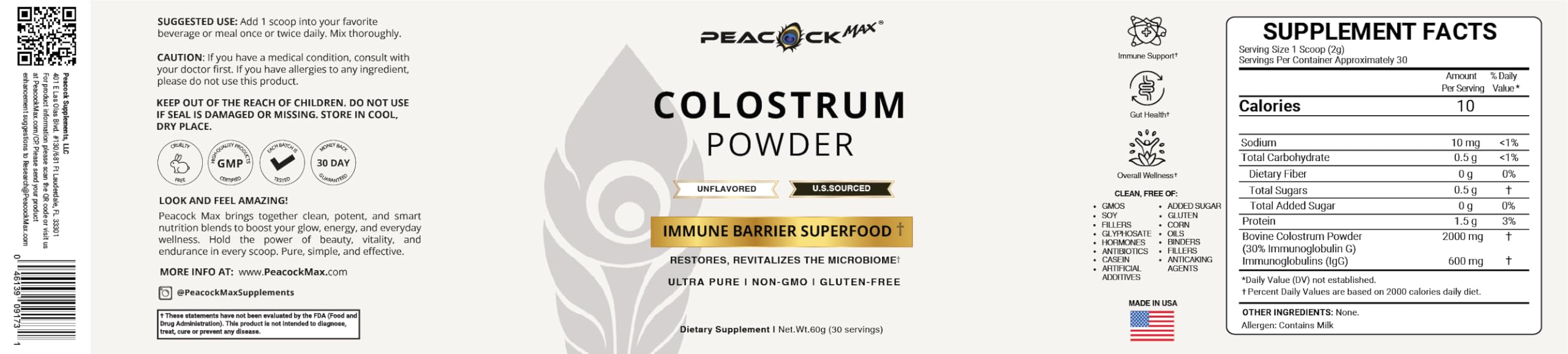 Peacock Max bottle label highlights quality and gluten-free, non-GMO formula