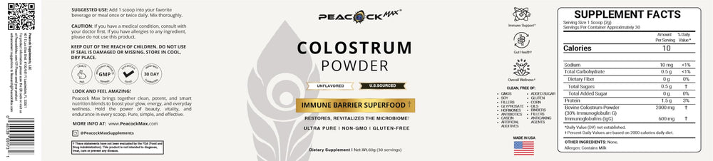 Peacock Max bottle label highlights quality and gluten-free, non-GMO formula