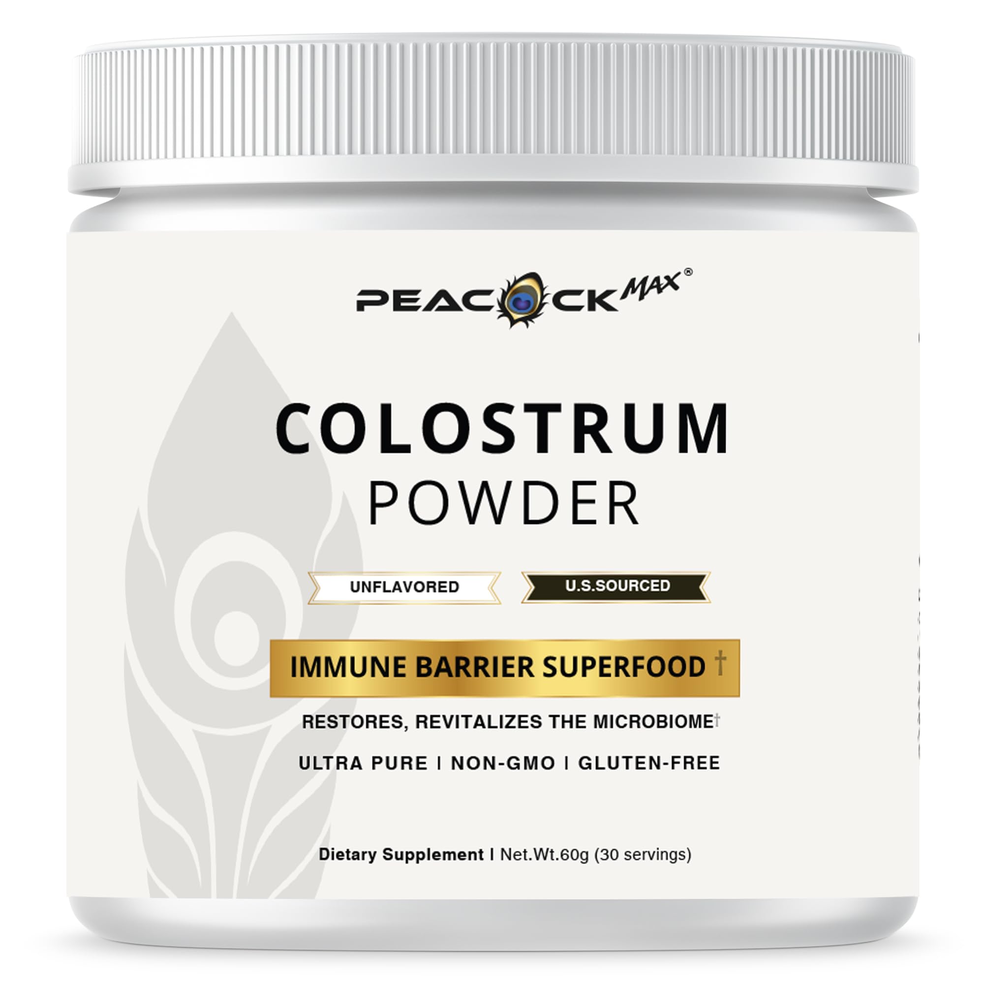 Peacock Max colostrum powder jar on a clean kitchen counter for daily nutrition