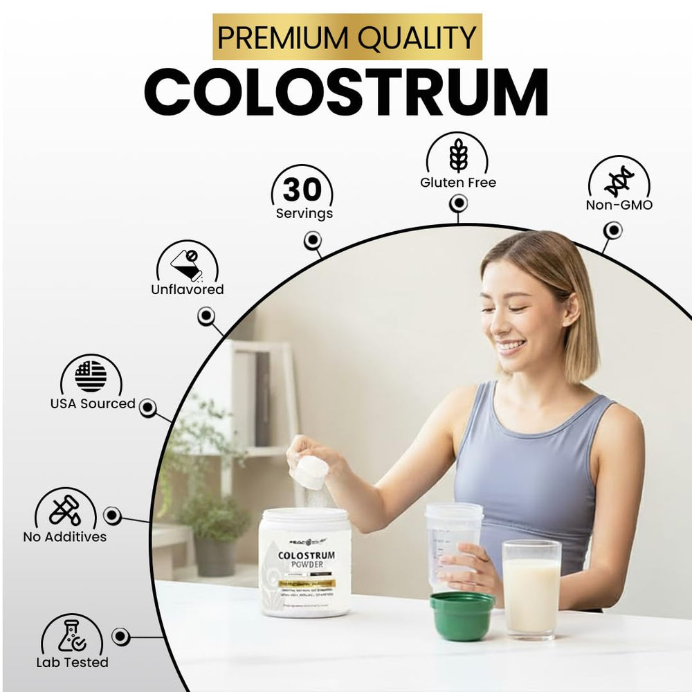 Peacock Max colostrum powder mixer blends into smoothies for wellness