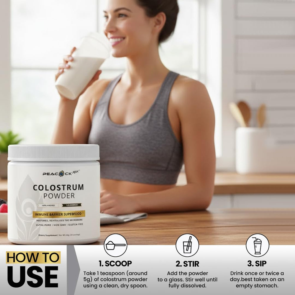 Peacock Max colostrum powder in a smoothie supporting balanced nutrition