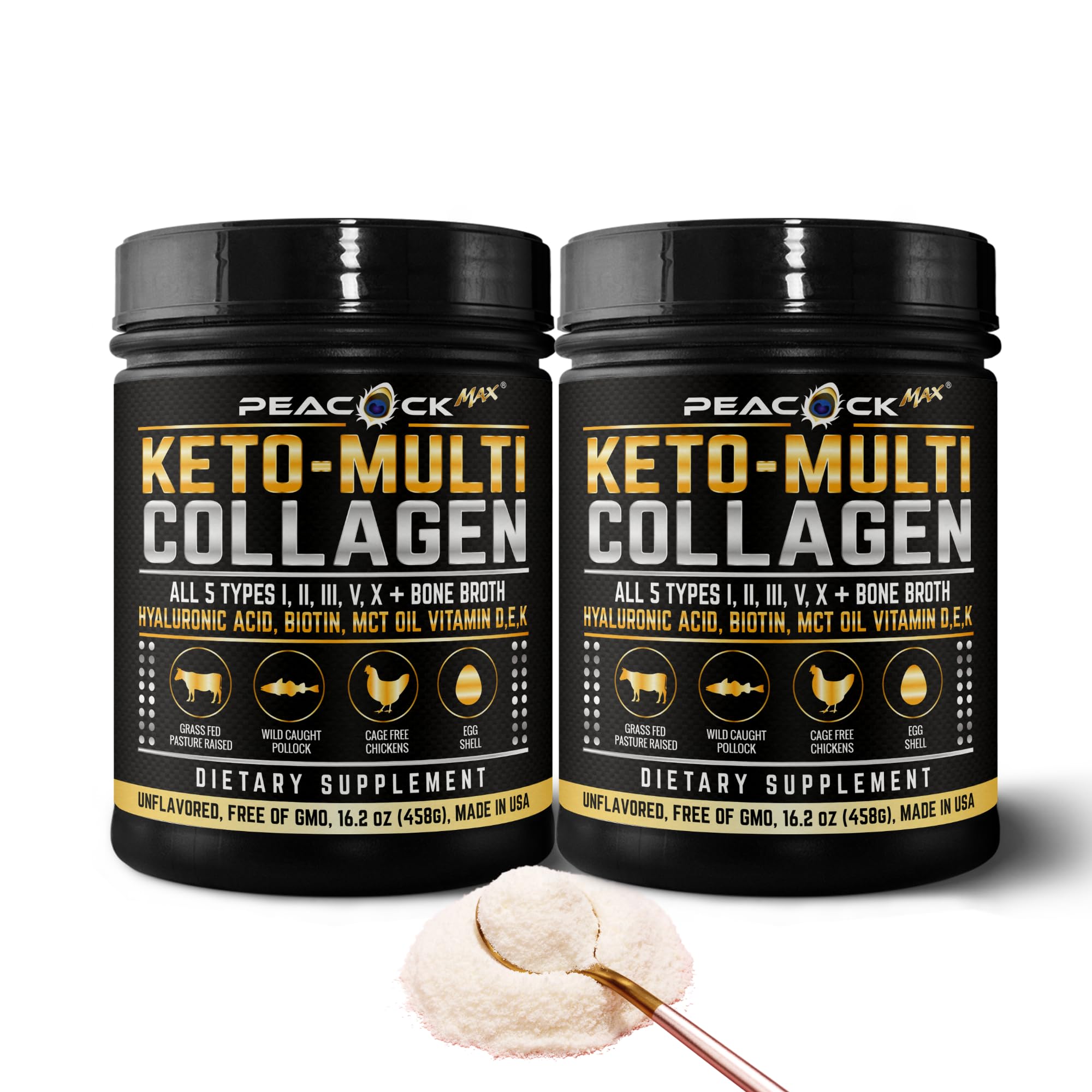 Peacock Max Keto Multi Collagen Peptides bottle front, highlighting joint and skin support