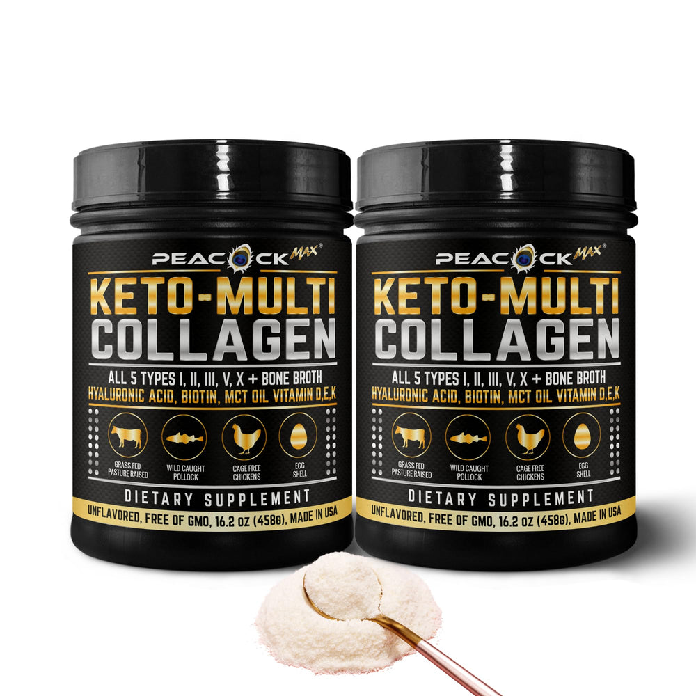 Peacock Max Keto Multi Collagen Peptides bottle front, highlighting joint and skin support