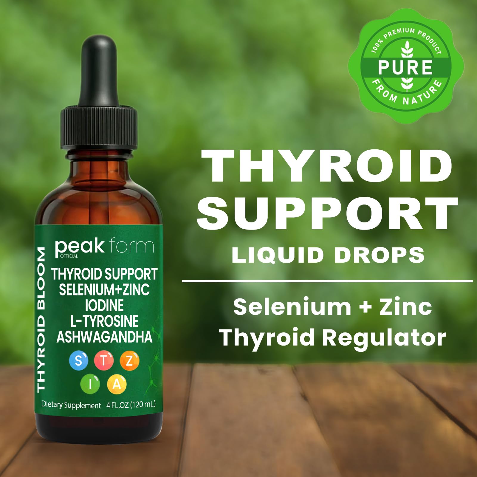 Peak Form Official Thyroid Support Drops dropper showing 4 ml dose.