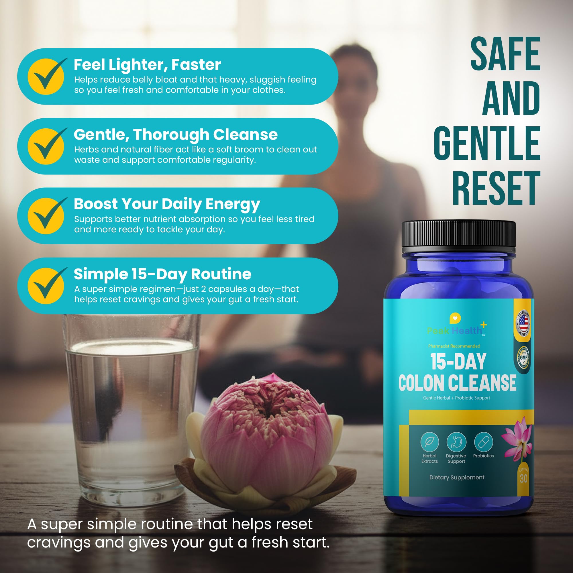 Peak Health 15 Day Colon Cleanse capsules on a clean surface.