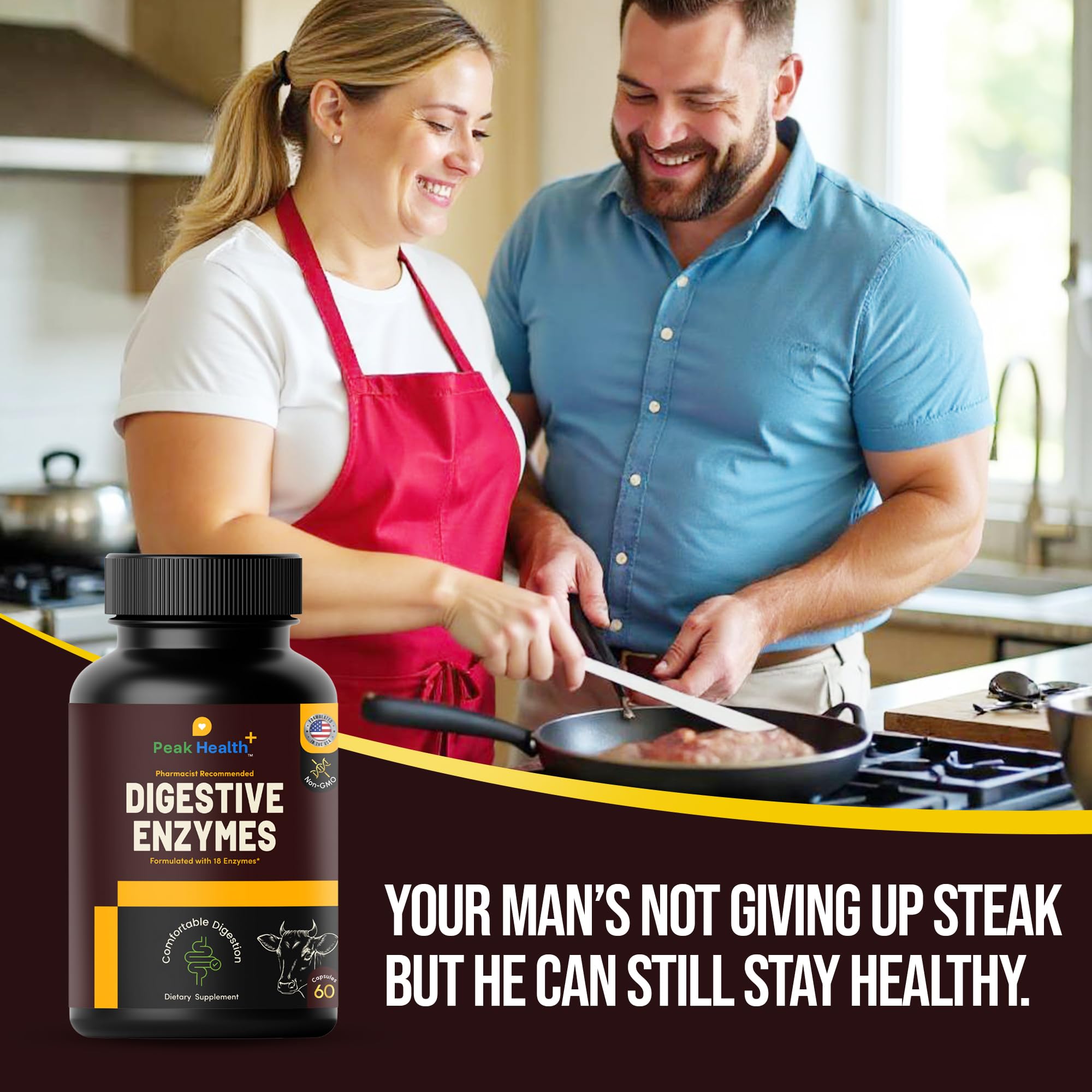 Peak Health capsules closeup shows enzyme blend for protein and fat breakdown.