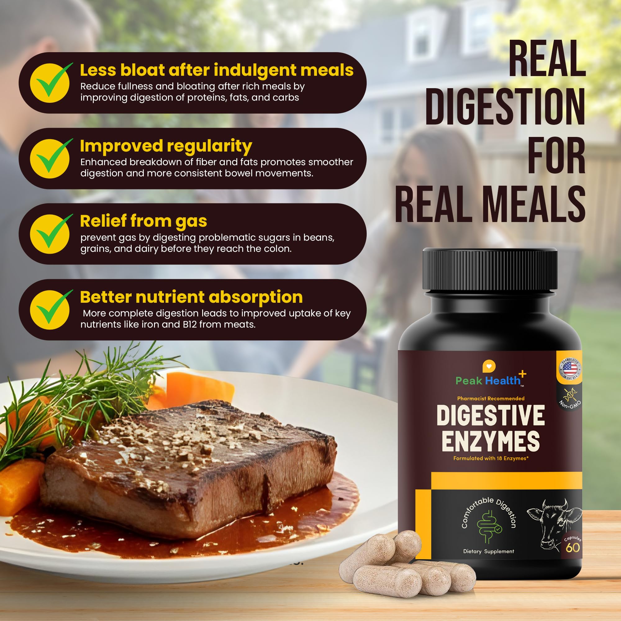 Peak Health ingredients list features protease, lipase, amylase, bromelain and papain.