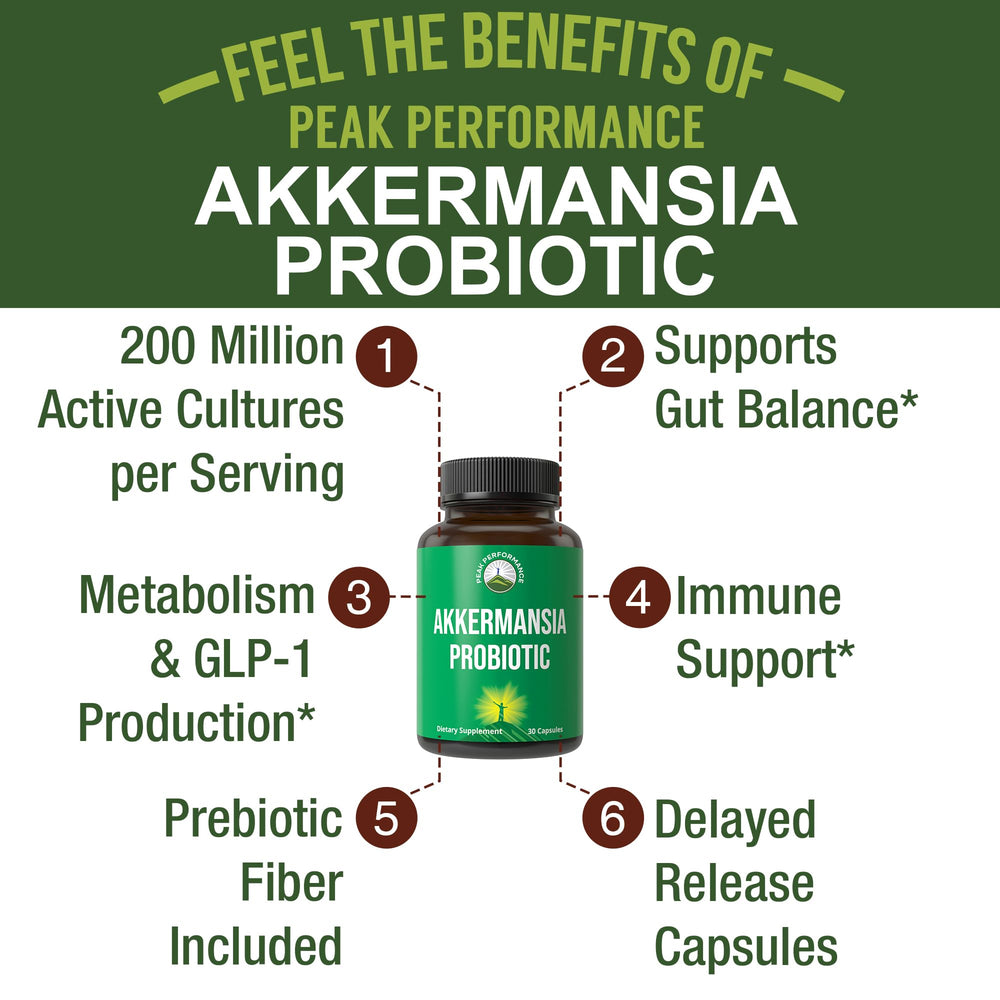 Peak Performance Akkermansia back label outlines dosage and gluten-free notes