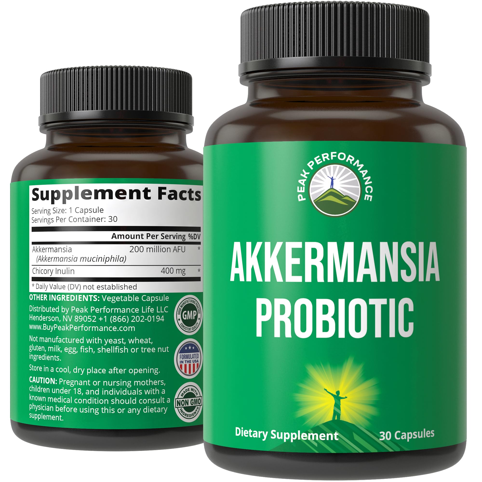 Peak Performance Akkermansia bottle front showing label and potency for gut health support