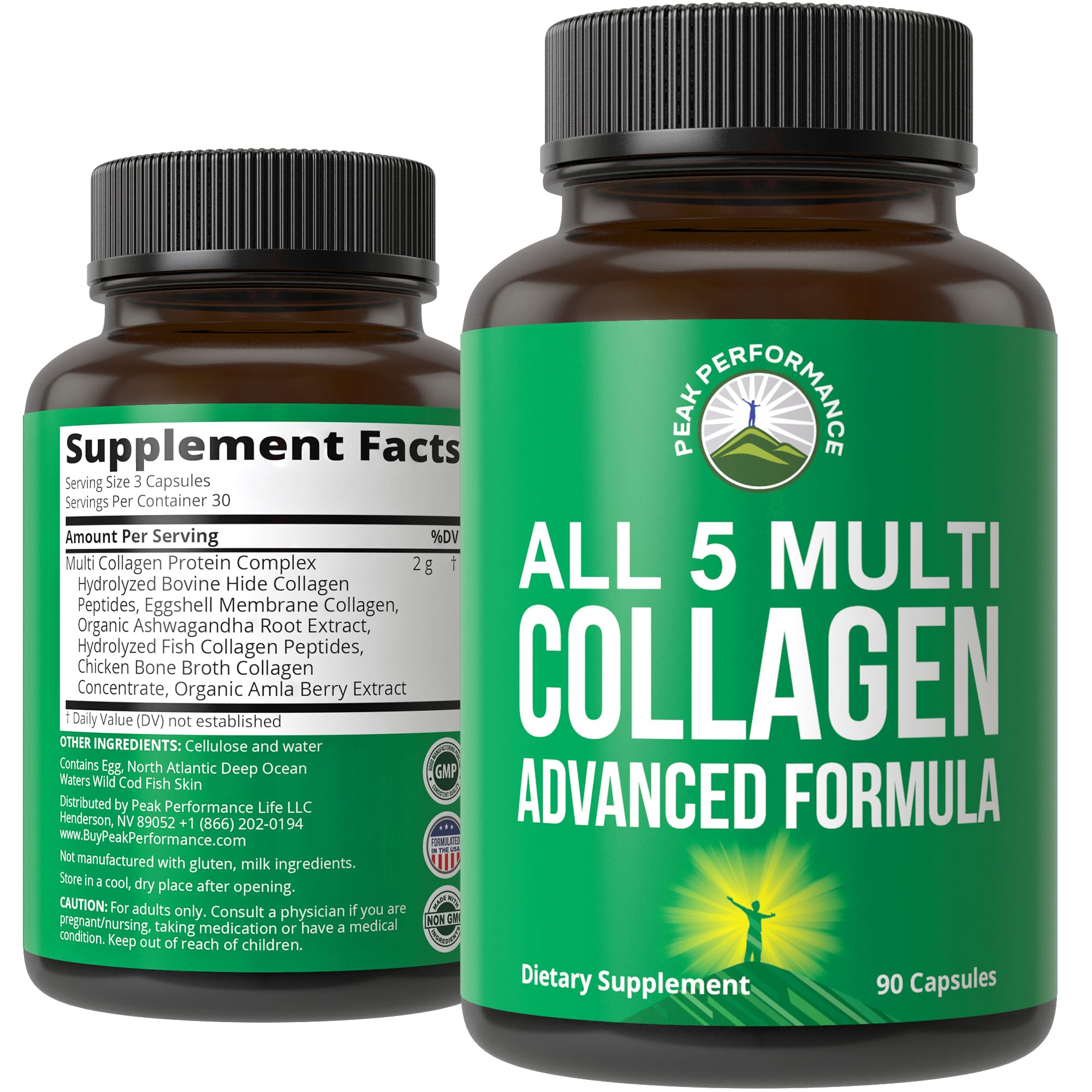 Peak Performance All 5 Multi-Collagen bottle shown for daily joint and skin support