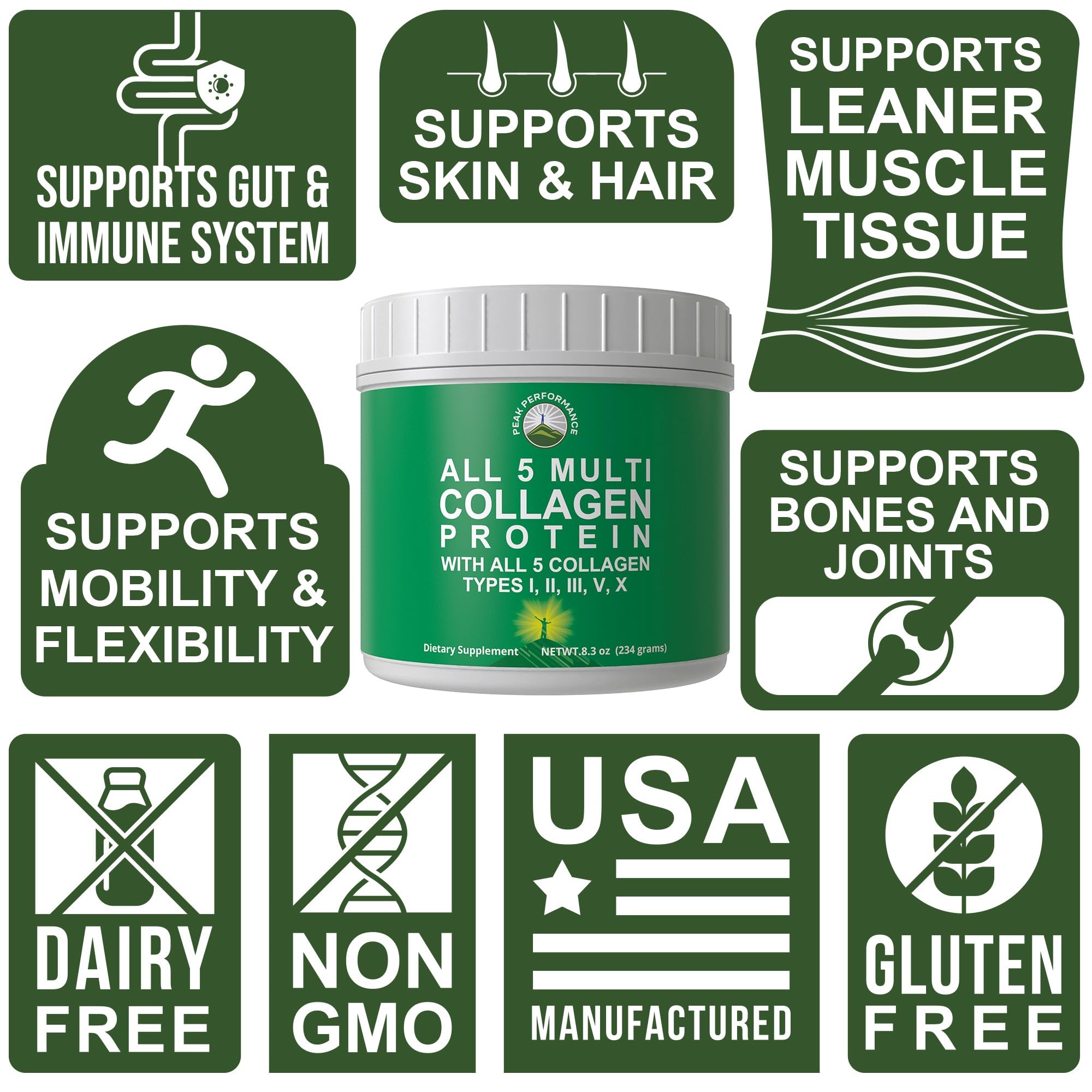 Close-up of hydrolyzed bovine collagen peptides in Peak Performance All 5