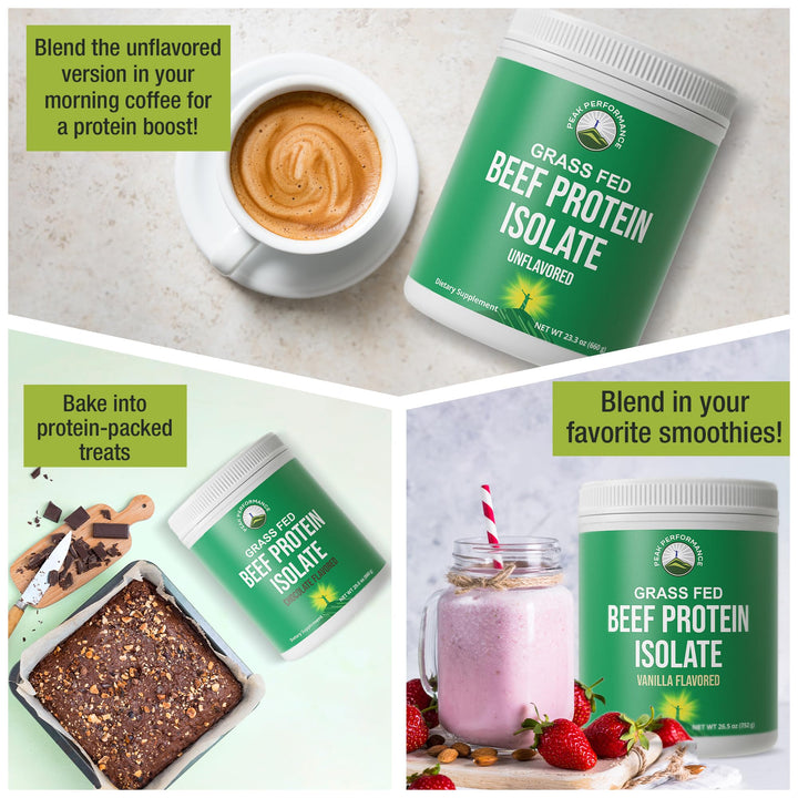 Peak Performance Beef Protein Pour illustrating quick mix and zero sugar.