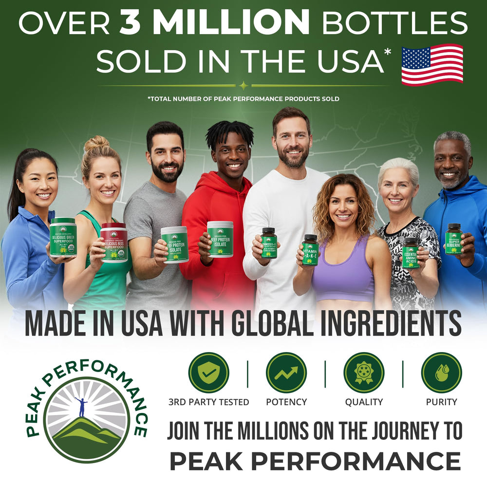 Peak Performance Beef Protein Serving highlighting gluten-free and dairy-free nutrition.