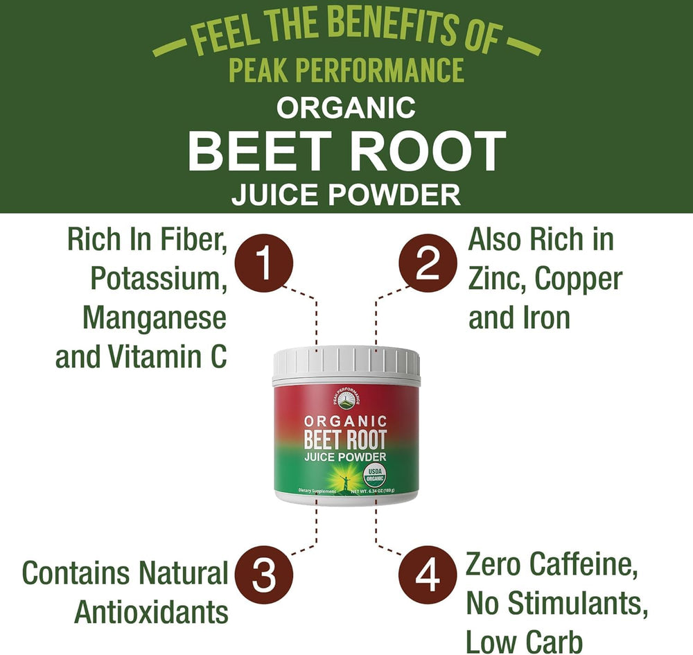 Peak Performance beet powder scoop pouring into a smoothie for a natural boost