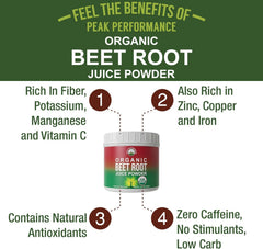 Peak Performance beet powder scoop pouring into a smoothie for a natural boost
