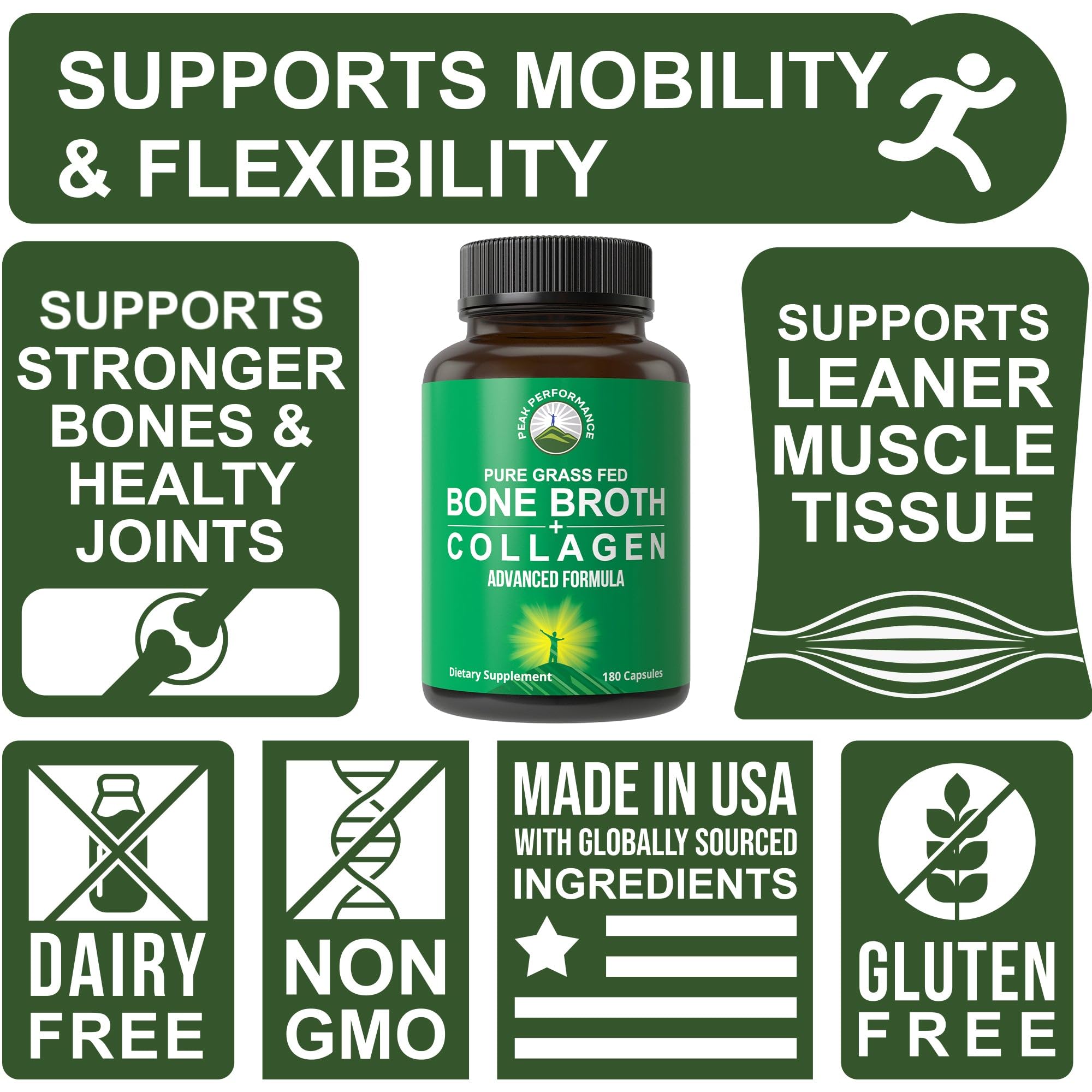 Peak Performance bone broth capsules origin grass-fed, clean ingredients.