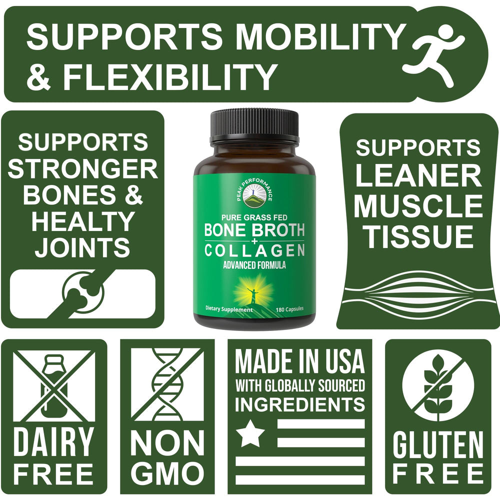 Peak Performance bone broth capsules origin grass-fed, clean ingredients.