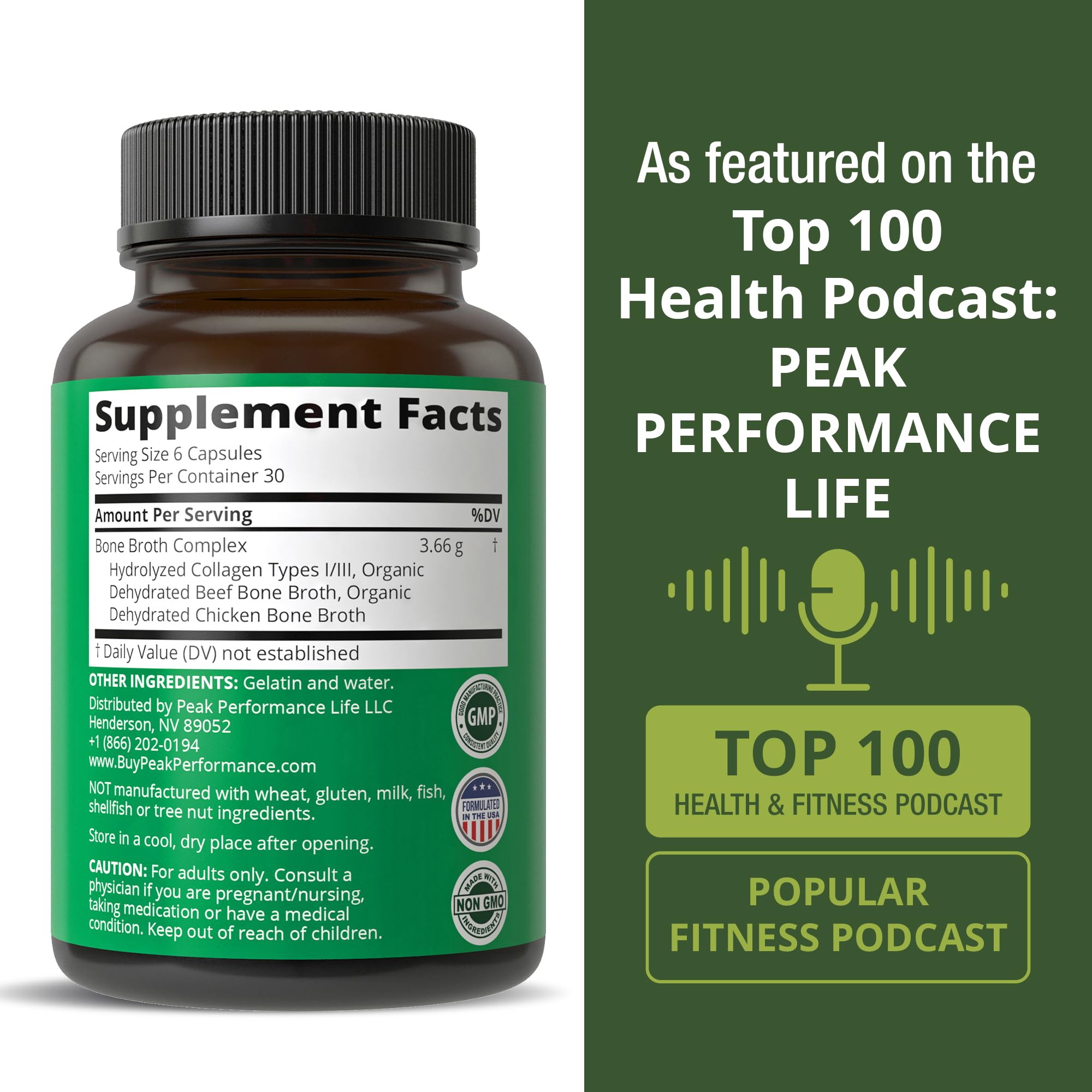 Peak Performance serving suggestion image shows capsules ready to mix with beverages.