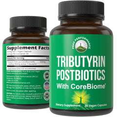 Peak Performance CoreBiome Tributyrin bottle front with premium packaging and dosage clarity