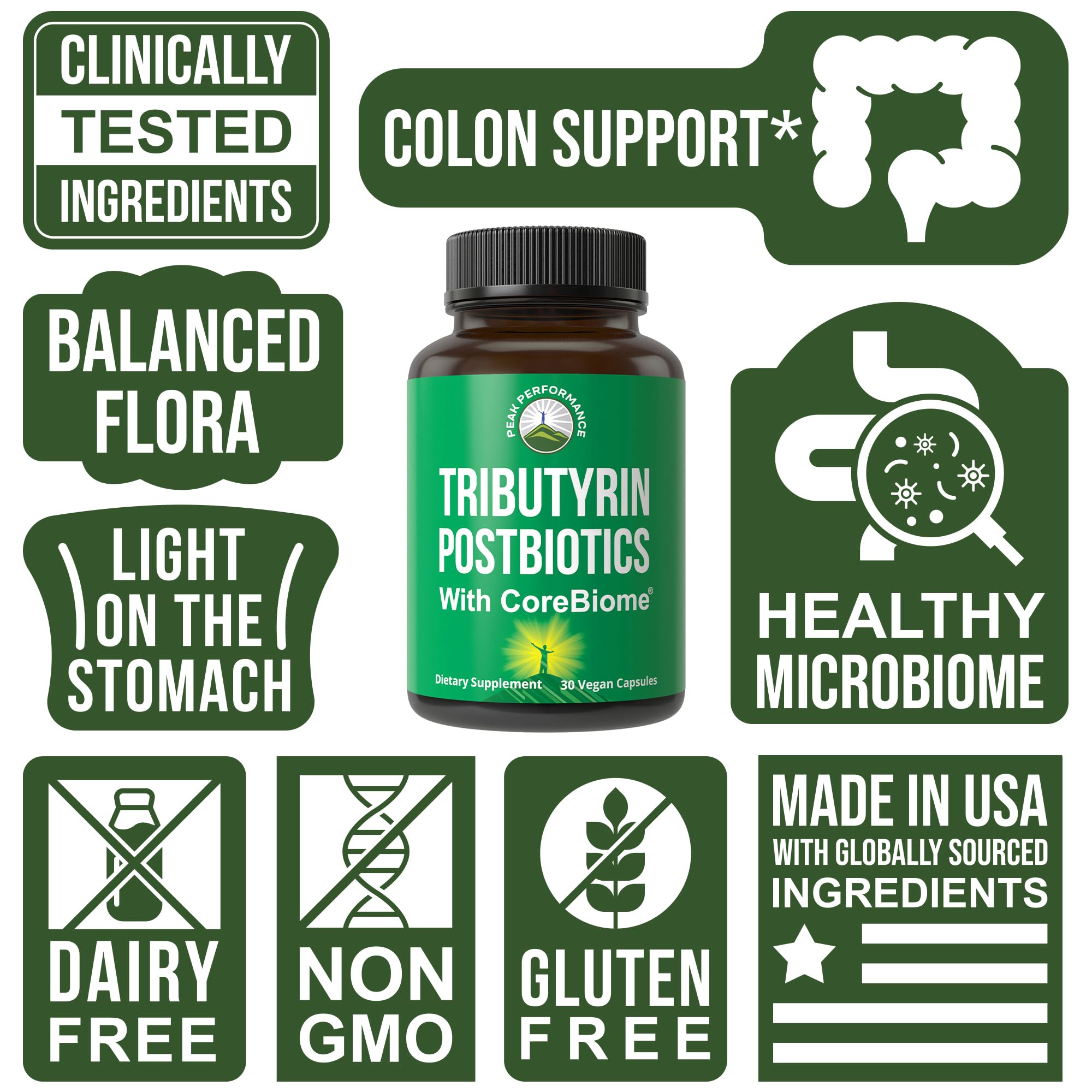 Donation card illustrating Peak Performance CoreBiome Tributyrin and Vitamin Angels partnership