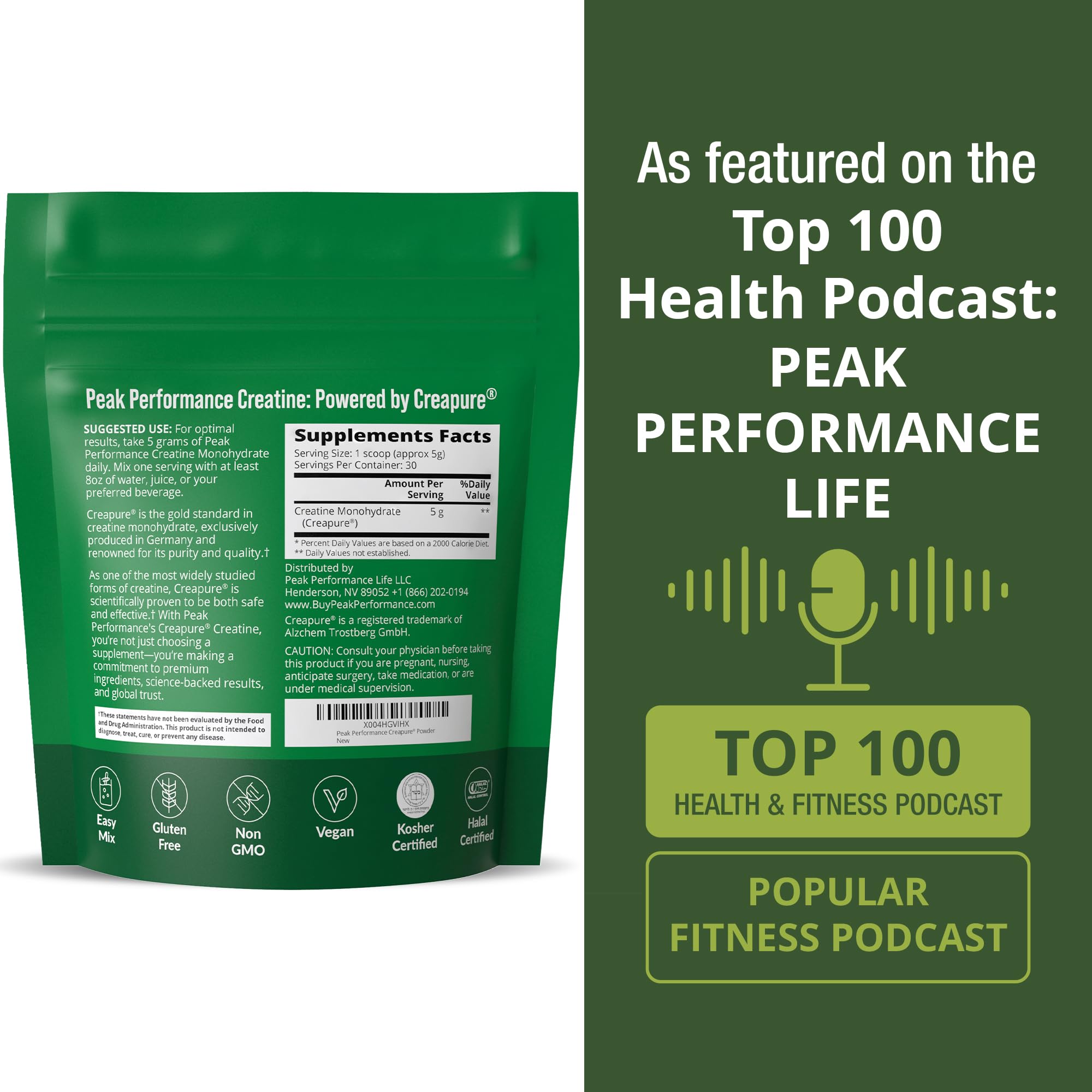 Peak Performance Creapure vegan, kosher, halal symbols show dietary inclusivity.