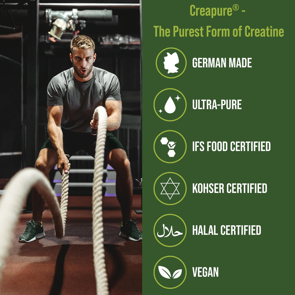 Peak Performance Creapure packaging front highlighting German-made purity.