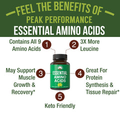 Peak Performance EAA capsules closeup highlighting compact, powder-free capsules.