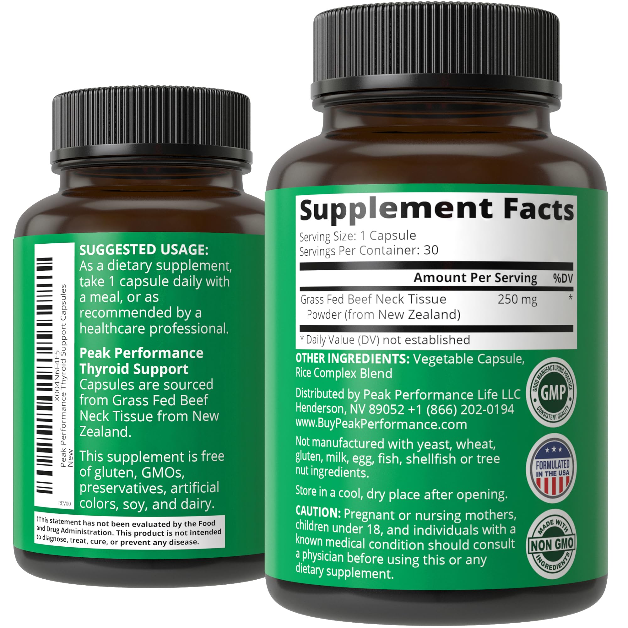 Peak Performance glass-bottle-capsules on countertop suggests everyday use.