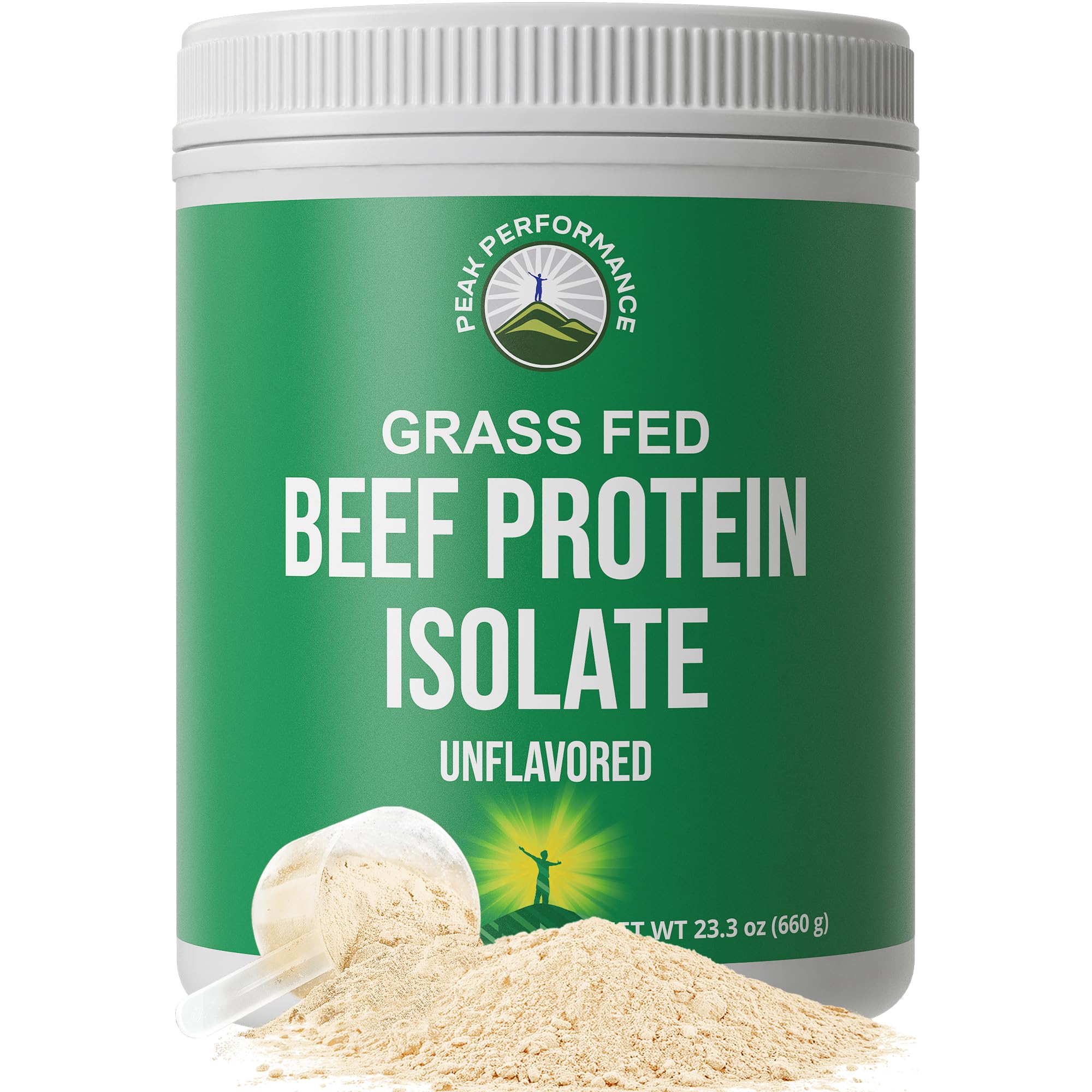 Peak Performance grass-fed beef protein powder tub front for versatile shakes