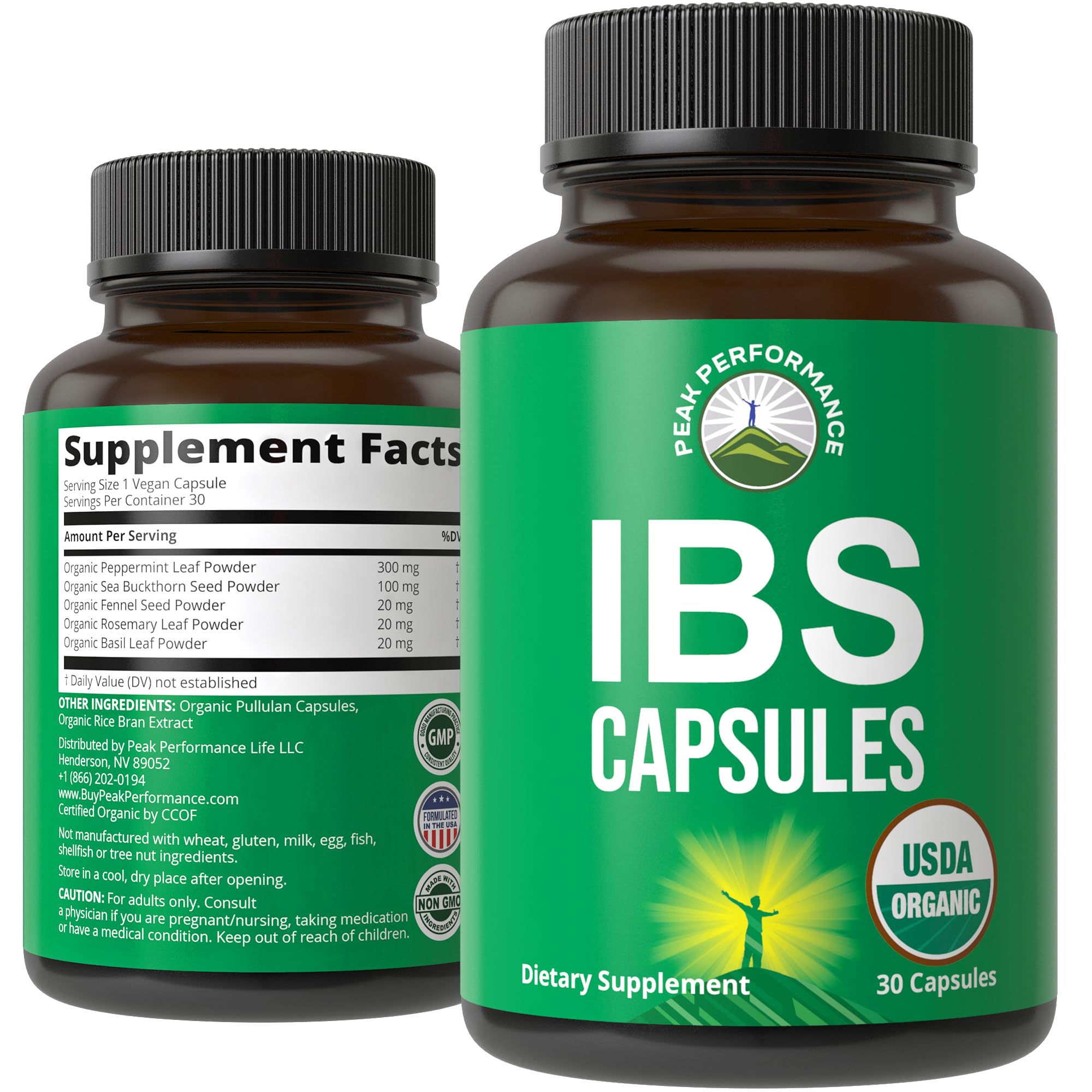 Peak Performance IBS capsules bottle front view highlighting organic formula for digestive comfort.