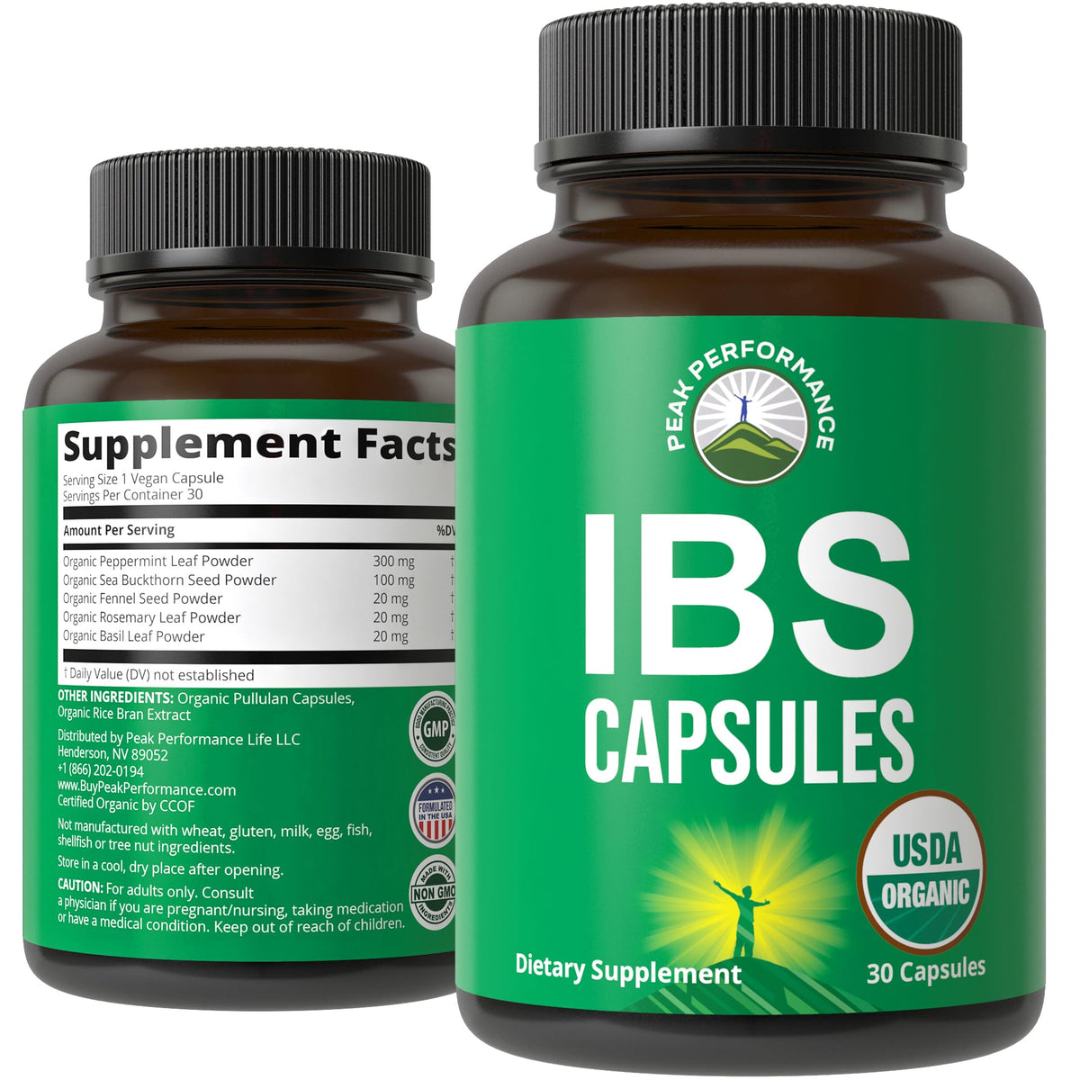 Peak Performance IBS capsules bottle front view highlighting organic formula for digestive comfort.