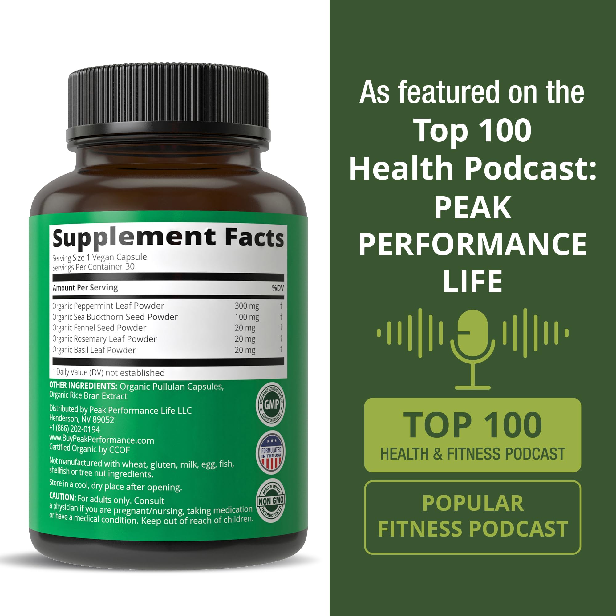 Peak Performance IBS capsule bottle with GMP-certified manufacturing emphasis.