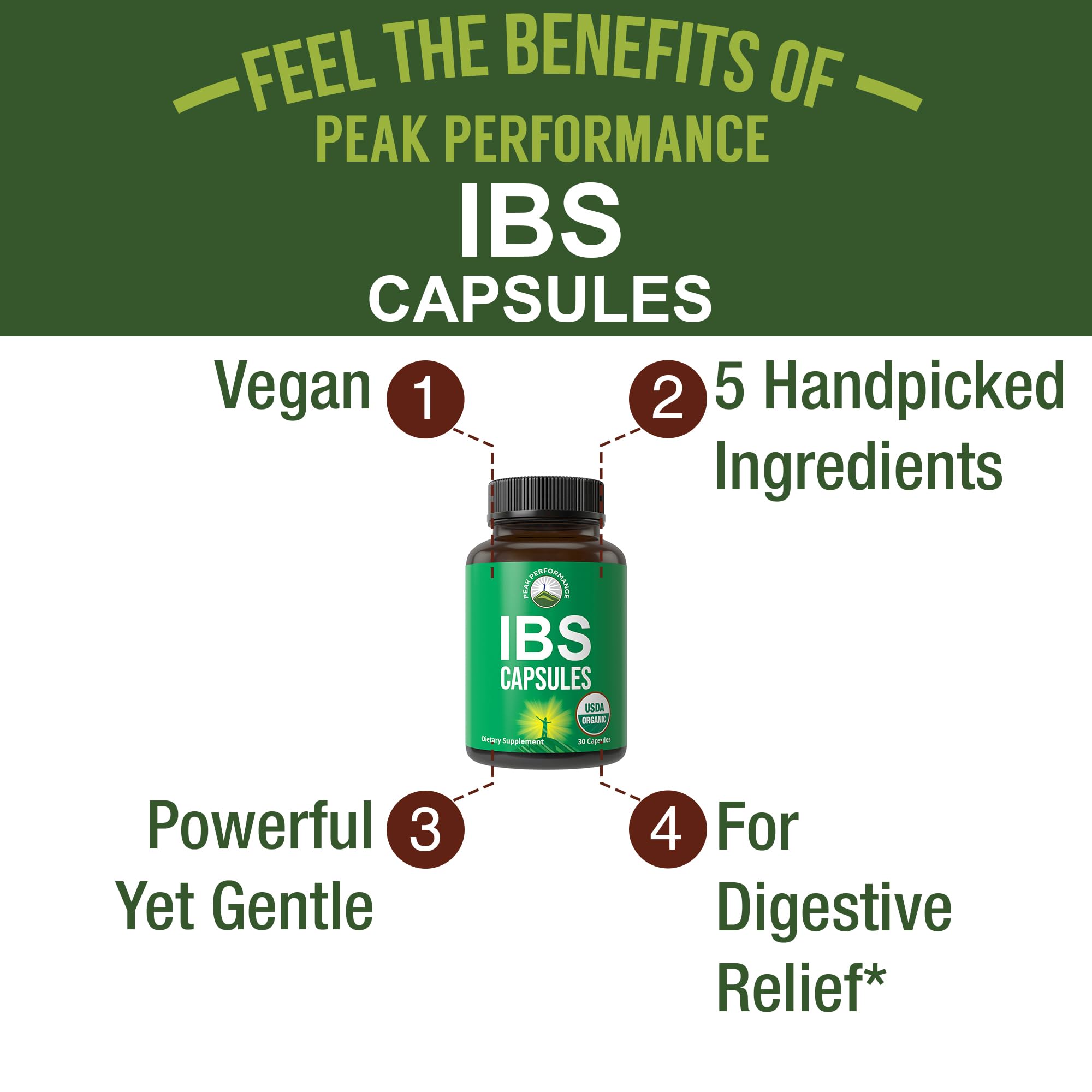 Peak Performance IBS capsules close-up of organic botanicals blend used for digestive balance.