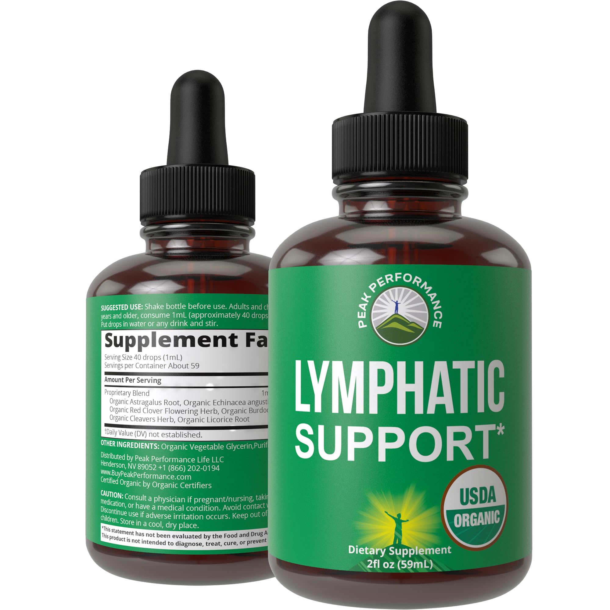 Peak Performance Lymphatic Drops bottle shows premium organic, sugar-free formula for daily wellness.