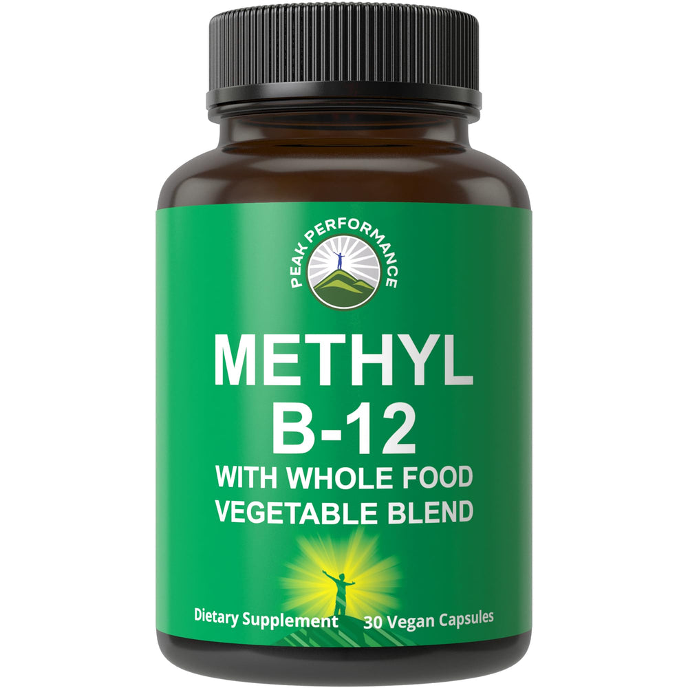 Peak Performance Methyl B12 bottle with fruit and vegetable blend for energy and focus.