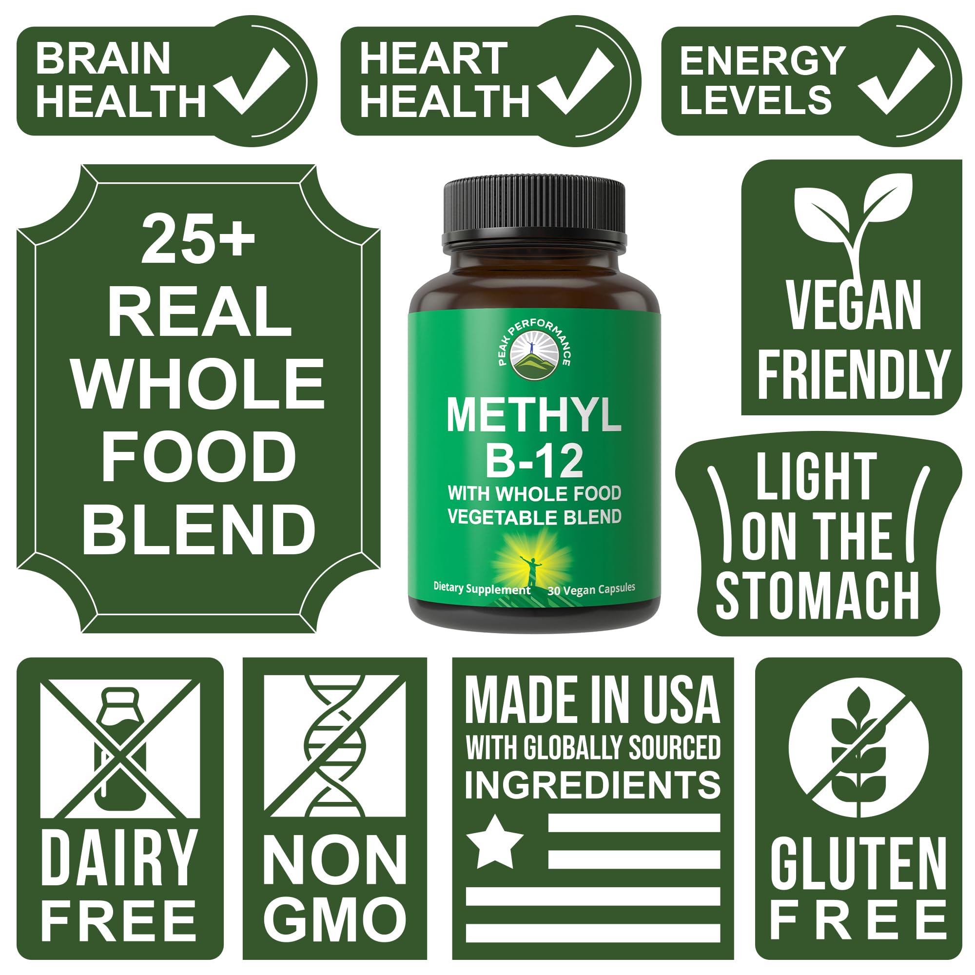 Peak Performance Methyl B12 with real fruit and vegetable ingredients promoting absorption.