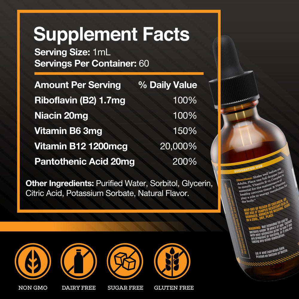 Peak Performance Nutraceutics B12 Drops front label highlighting methylcobalamin and vegan formula benefits.