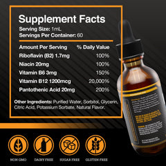 Peak Performance Nutraceutics B12 Drops front label highlighting methylcobalamin and vegan formula benefits.