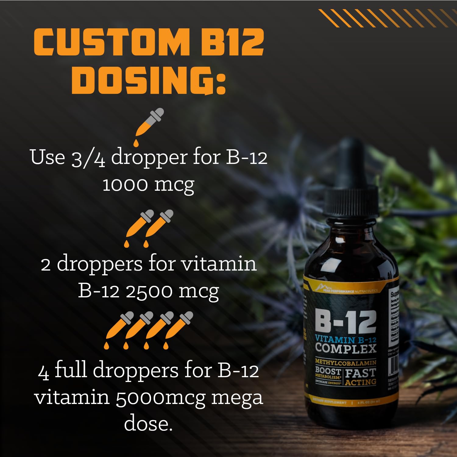 Peak Performance Nutraceutics B12 Drops packaging designed for convenient vegan supplementation on the go.