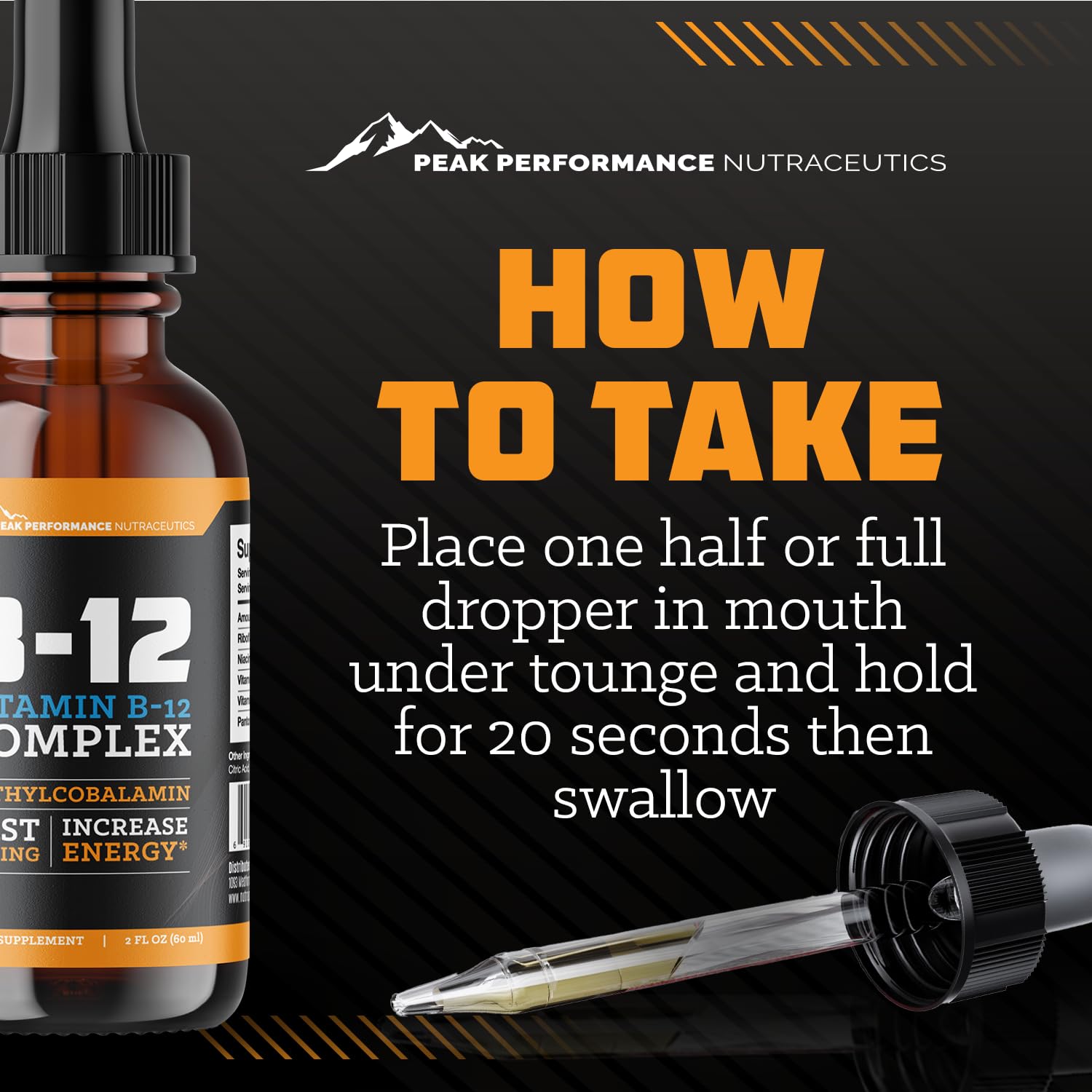 Peak Performance Nutraceutics B12 Drops vegan formula for plant-based lifestyles.