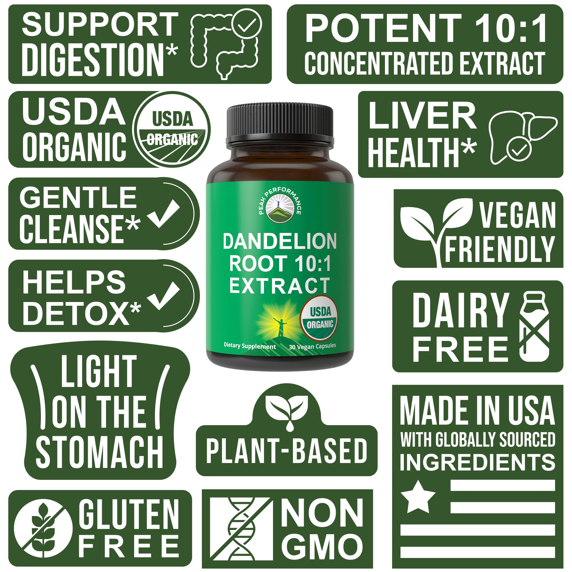 Peak Performance organic certification seal signaling purity and contaminant-free sourcing.