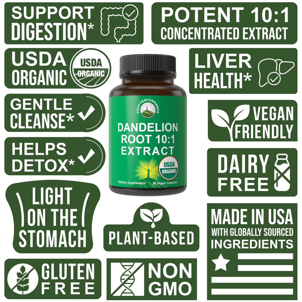 Peak Performance organic certification seal signaling purity and contaminant-free sourcing.