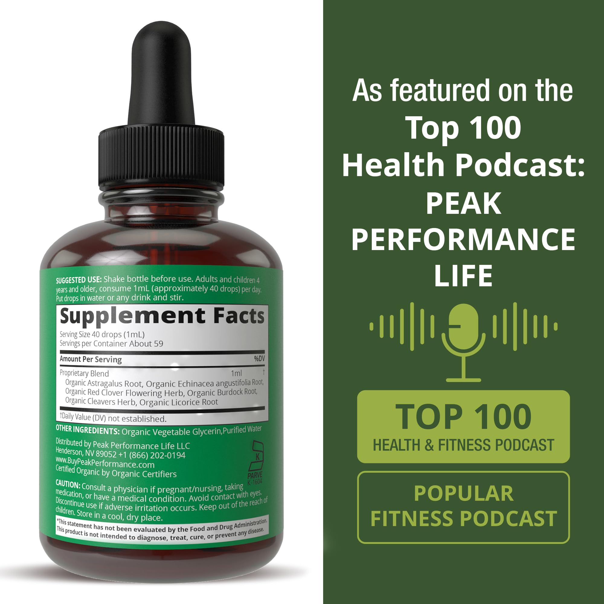 Peak Performance Organic Echinacea highlight emphasizes a plant-based herbal blend.