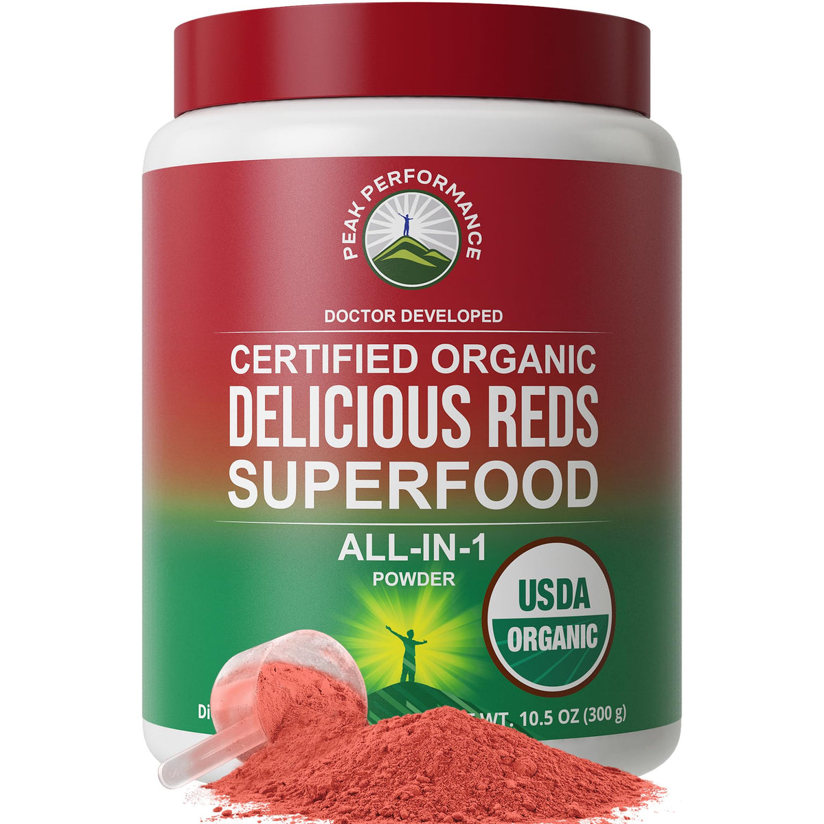 Peak Performance Organic Reds bottle pour for quick daily energy boost.